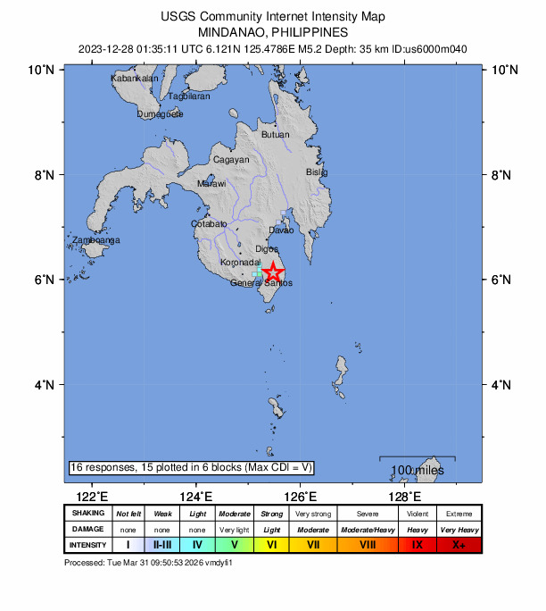 USGS DYFI community-reported intensity map for the M5.2 earthquake near 12 km ENE of Suyan, Philippines