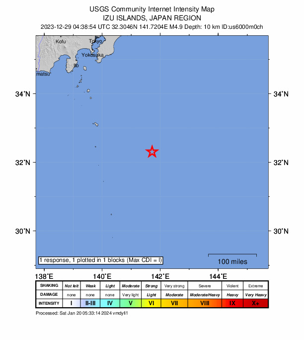 USGS DYFI community-reported intensity map for the M4.9 earthquake near Izu Islands, Japan region