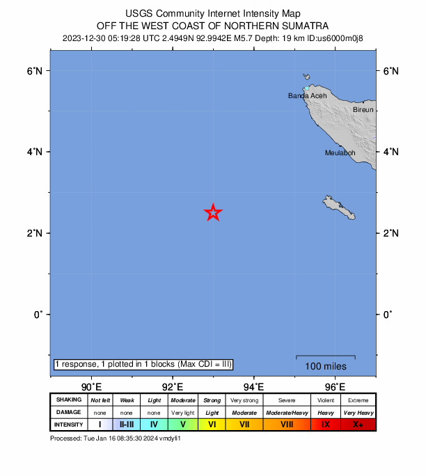 USGS DYFI community-reported intensity map for the M5.7 earthquake near off the west coast of northern Sumatra