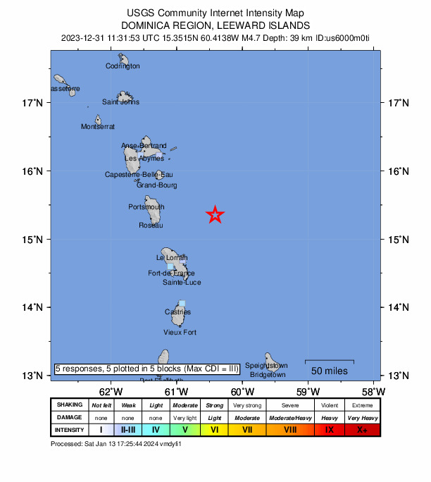 USGS DYFI community-reported intensity map for the M4.7 earthquake near 88 km NE of Sainte-Marie, Martinique