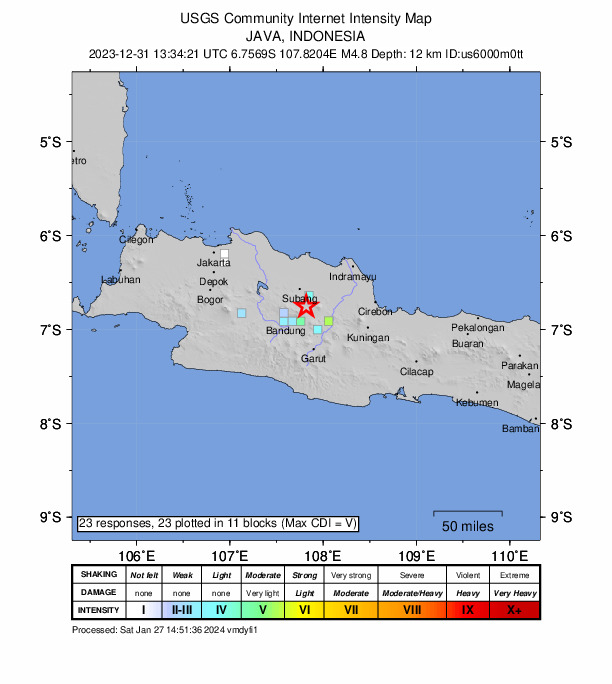 USGS DYFI community-reported intensity map for the M4.8 earthquake near 13 km NW of Sumedang Utara, Indonesia
