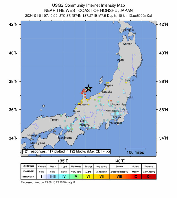 USGS DYFI community-reported intensity map for the M7.5 earthquake near 2024 Noto Peninsula, Japan Earthquake