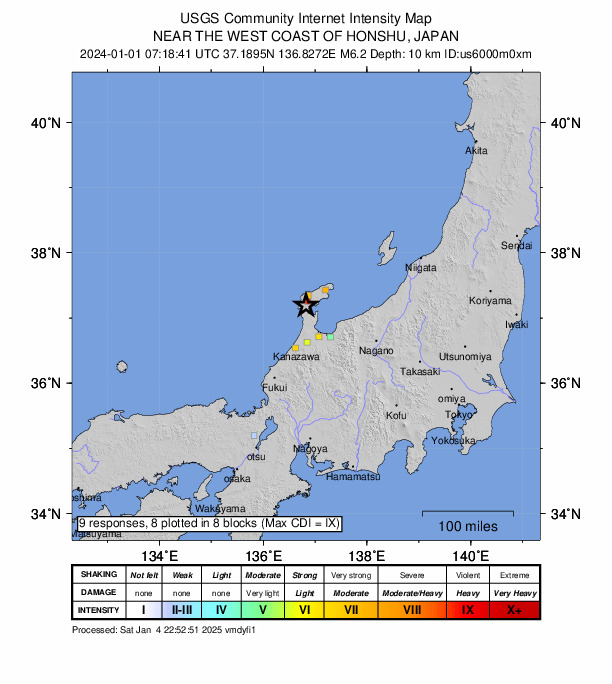 USGS DYFI community-reported intensity map for the M6.2 earthquake near 8 km SW of Anamizu, Japan