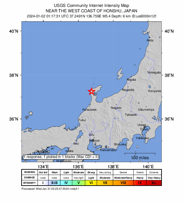 USGS DYFI community-reported intensity map for the M5.4 earthquake near 11 km W of Anamizu, Japan