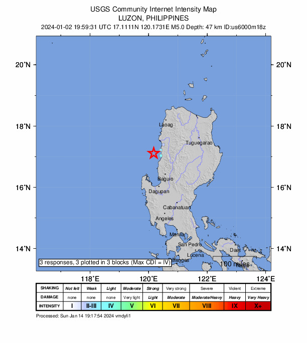 USGS DYFI community-reported intensity map for the M5.0 earthquake near 27 km WSW of Calongbuyan, Philippines