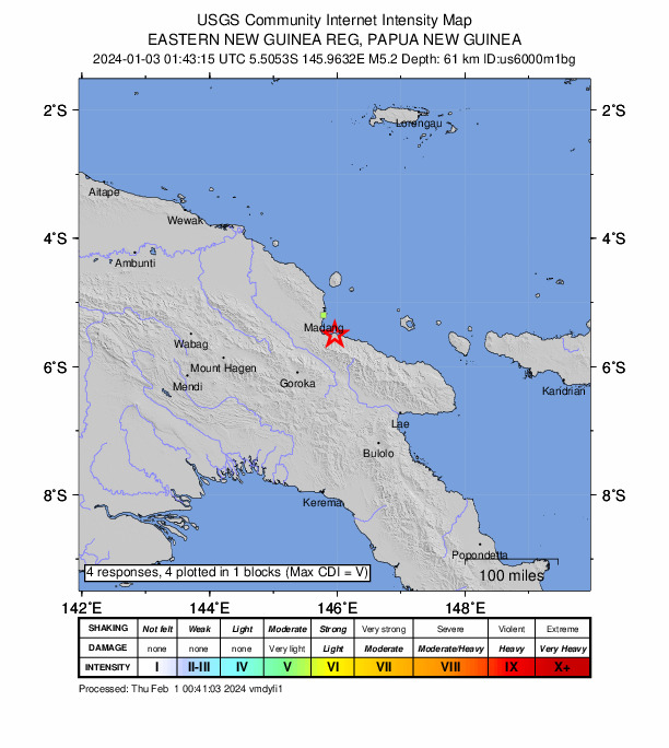 USGS DYFI community-reported intensity map for the M5.2 earthquake near 36 km SSE of Madang, Papua New Guinea