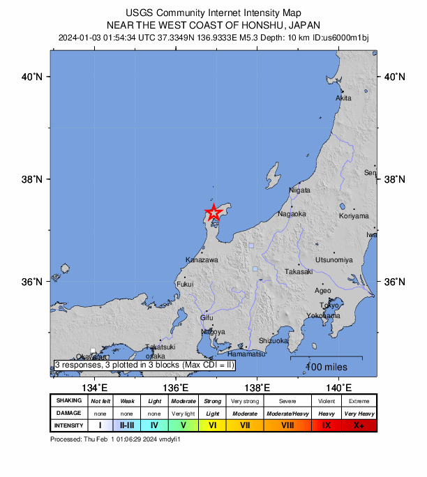 USGS DYFI community-reported intensity map for the M5.3 earthquake near 12 km N of Anamizu, Japan
