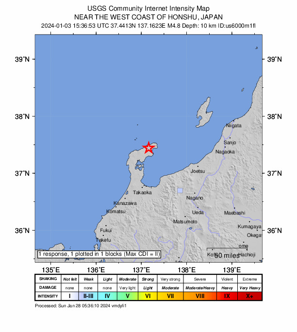 USGS DYFI community-reported intensity map for the M4.6 earthquake near 31 km NE of Anamizu, Japan