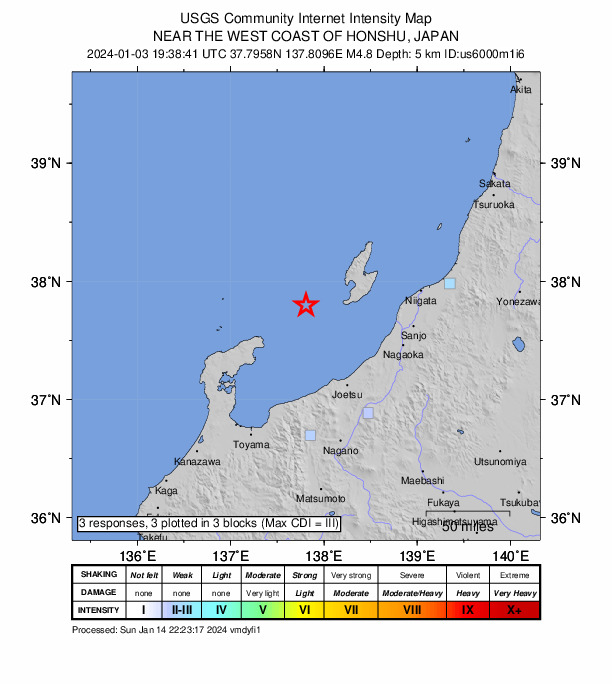 USGS DYFI community-reported intensity map for the M4.8 earthquake near 54 km WSW of Sado, Japan