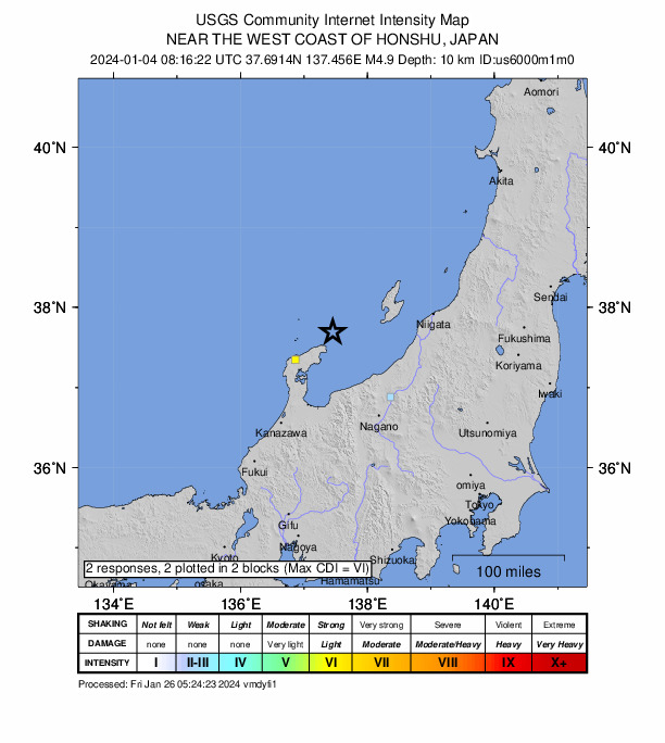 USGS DYFI community-reported intensity map for the M4.9 earthquake near 70 km NE of Anamizu, Japan