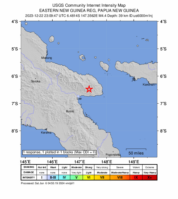 USGS DYFI community-reported intensity map for the M4.4 earthquake near 48 km NE of Lae, Papua New Guinea
