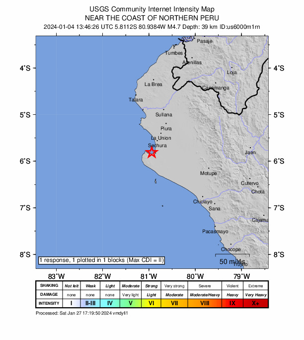 USGS DYFI community-reported intensity map for the M4.7 earthquake near 30 km SSW of Sechura, Peru