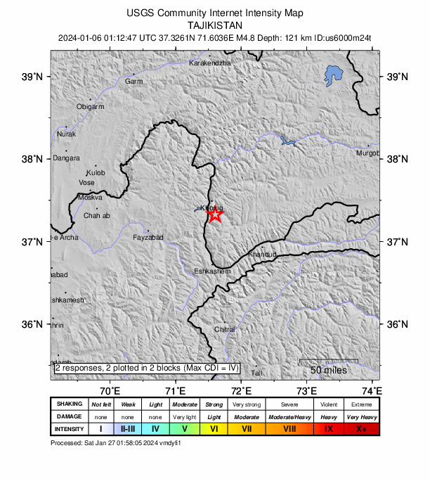 USGS DYFI community-reported intensity map for the M4.8 earthquake near 18 km SSE of Khorugh, Tajikistan