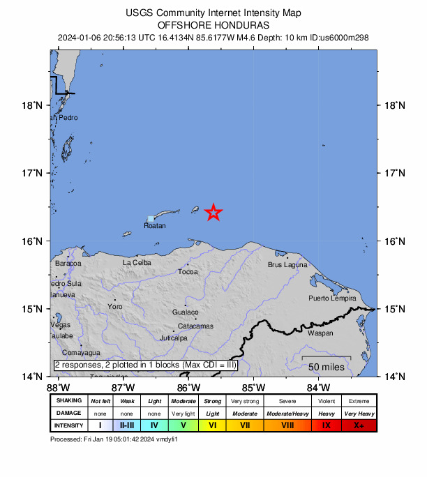 USGS DYFI community-reported intensity map for the M4.6 earthquake near 28 km E of Savannah Bight, Honduras