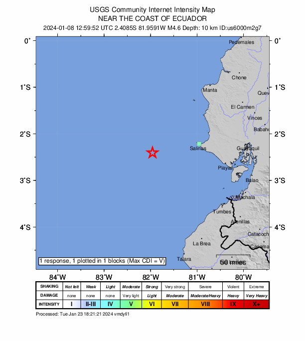 USGS DYFI community-reported intensity map for the M4.6 earthquake near 113 km W of Salinas, Ecuador