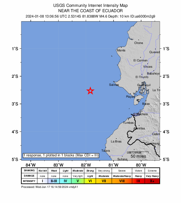 USGS DYFI community-reported intensity map for the M4.6 earthquake near 104 km WSW of Salinas, Ecuador