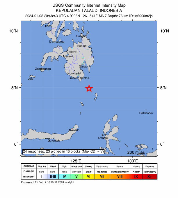 USGS DYFI community-reported intensity map for the M6.7 earthquake near 93 km SE of Sarangani, Philippines