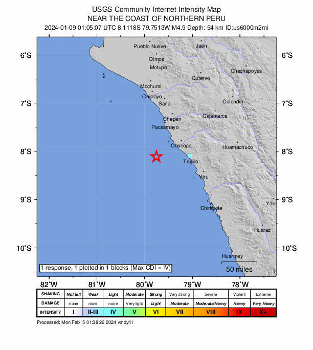 USGS DYFI community-reported intensity map for the M4.9 earthquake near 59 km WSW of Santiago de Cao, Peru