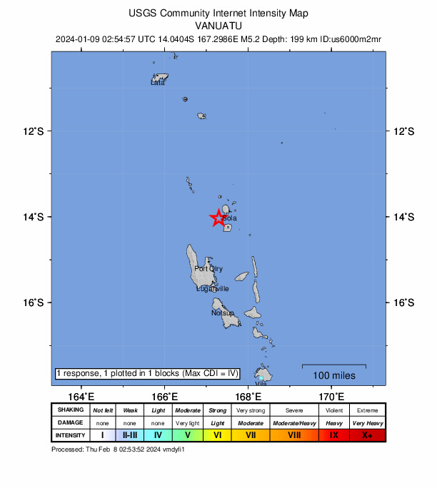 USGS DYFI community-reported intensity map for the M5.2 earthquake near 32 km WSW of Sola, Vanuatu