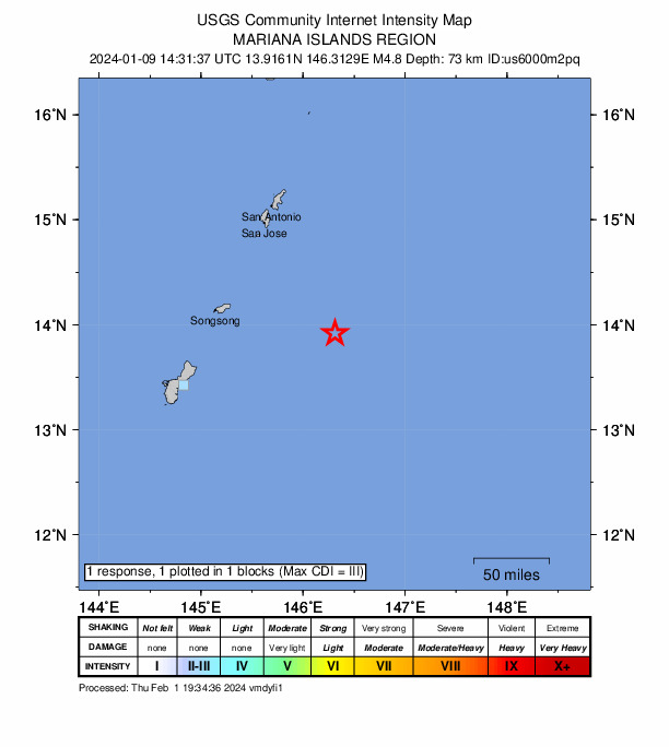 USGS DYFI community-reported intensity map for the M4.8 earthquake near 138 km SSE of San Jose Village, Northern Mariana Islands