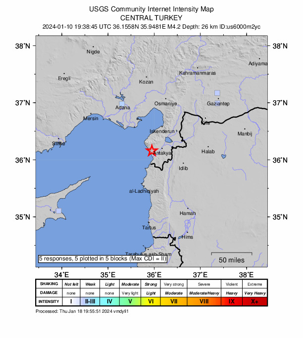 USGS DYFI community-reported intensity map for the M4.2 earthquake near 7 km W of Uzunbağ, Turkey