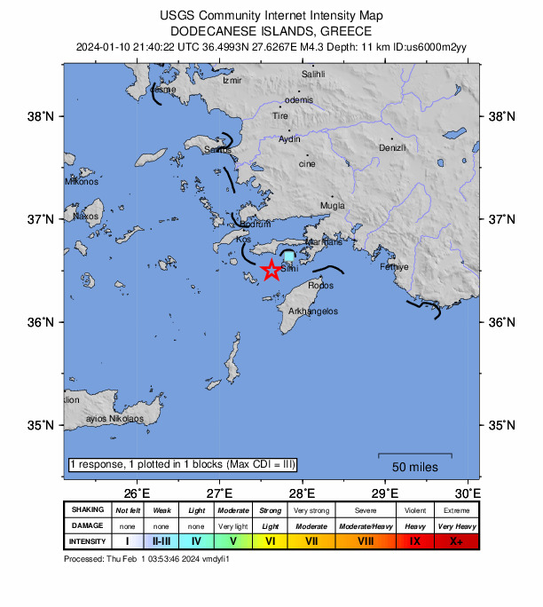 USGS DYFI community-reported intensity map for the M4.3 earthquake near 22 km SW of Sými, Greece