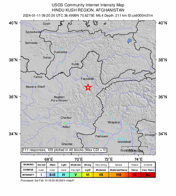 USGS DYFI community-reported intensity map for the M6.4 earthquake near 45 km SSW of Jurm, Afghanistan