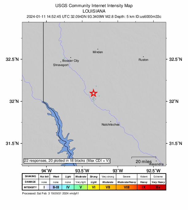 USGS DYFI community-reported intensity map for the M2.8 earthquake near 6 km SSW of Hall Summit, Louisiana