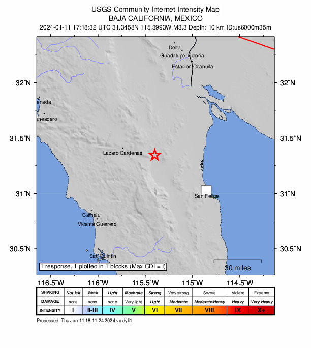 USGS DYFI community-reported intensity map for the M3.3 earthquake near 65 km NW of San Felipe, Mexico