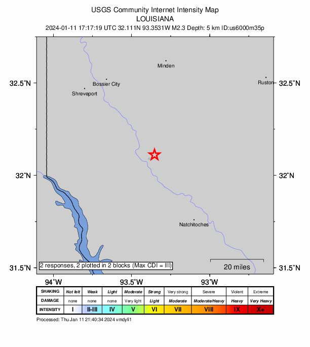 USGS DYFI community-reported intensity map for the M2.3 earthquake near 6 km NNW of Edgefield, Louisiana