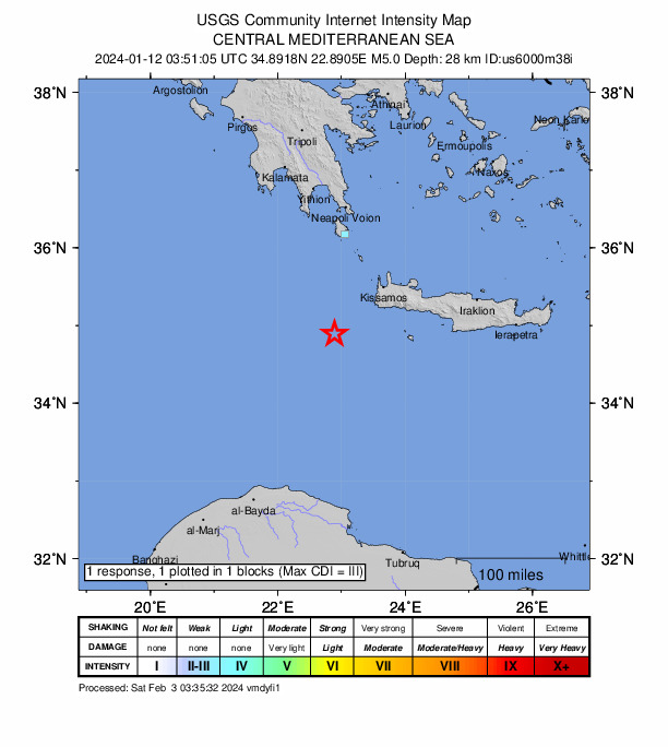 USGS DYFI community-reported intensity map for the M5.0 earthquake near 81 km WSW of Palaióchora, Greece