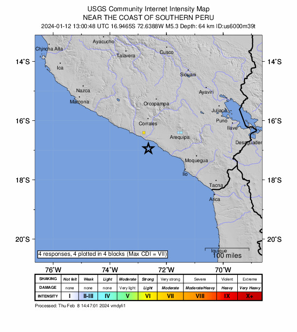 USGS DYFI community-reported intensity map for the M5.3 earthquake near 35 km SW of Quilca, Peru