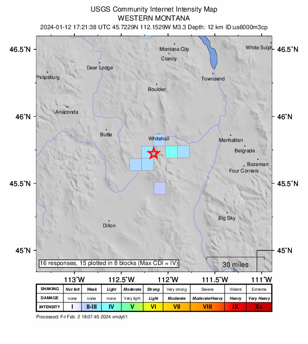USGS DYFI community-reported intensity map for the M3.3 earthquake near 16 km SSW of Whitehall, Montana