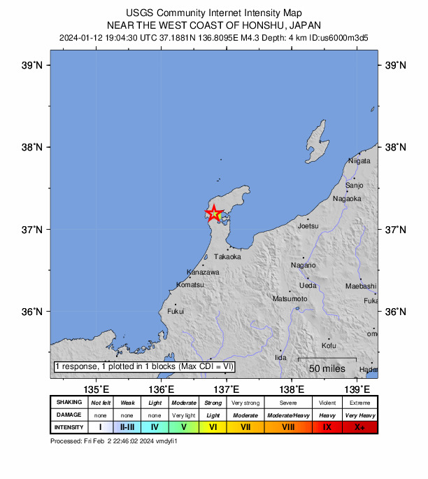 USGS DYFI community-reported intensity map for the M4.3 earthquake near 9 km WSW of Anamizu, Japan