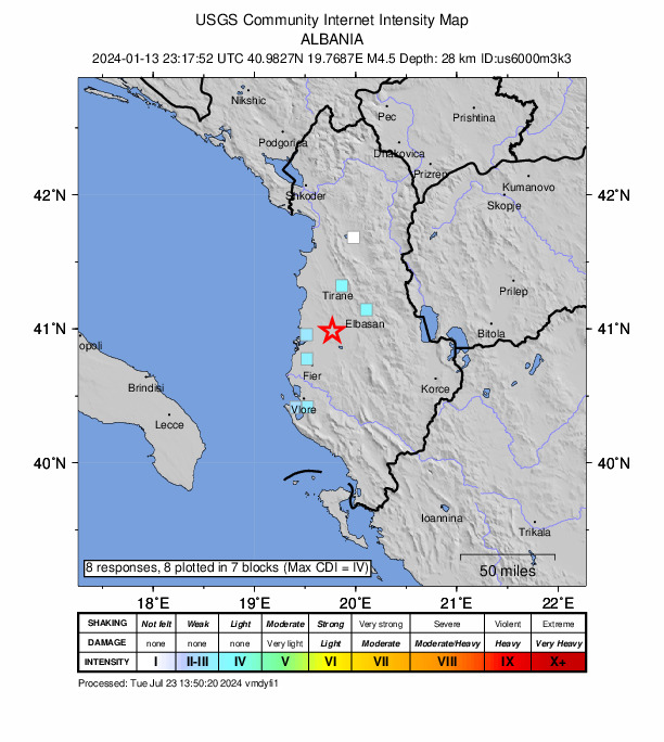 USGS DYFI community-reported intensity map for the M4.5 earthquake near 7 km NE of Lushnjë, Albania