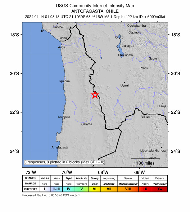 USGS DYFI community-reported intensity map for the M5.1 earthquake near 25 km WNW of Ollagüe, Chile