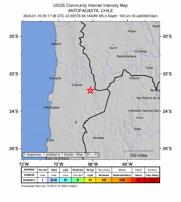 USGS DYFI community-reported intensity map for the M5.0 earthquake near 9 km NE of San Pedro de Atacama, Chile