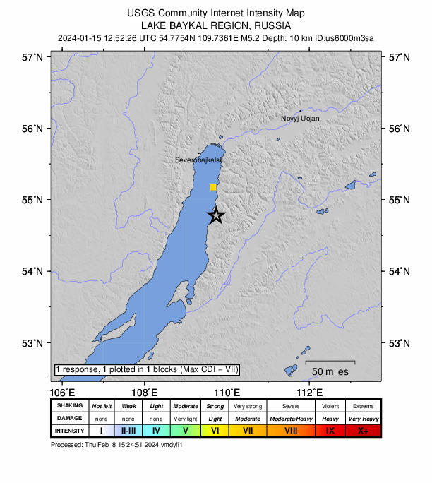 USGS DYFI community-reported intensity map for the M5.2 earthquake near 62 km NW of Kurumkan, Russia