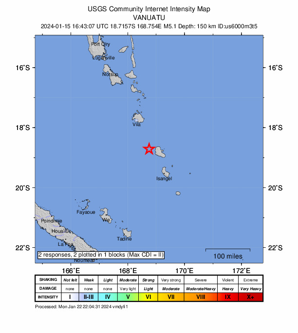 USGS DYFI community-reported intensity map for the M5.1 earthquake near 106 km NNW of Isangel, Vanuatu