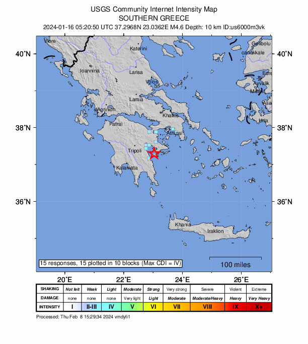 USGS DYFI community-reported intensity map for the M4.6 earthquake near 9 km WSW of Pórto Chéli, Greece