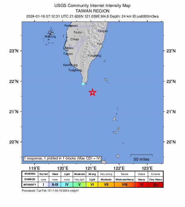 USGS DYFI community-reported intensity map for the M4.8 earthquake near 53 km SE of Hengchun, Taiwan