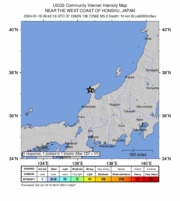 USGS DYFI community-reported intensity map for the M4.7 earthquake near 14 km SW of Anamizu, Japan