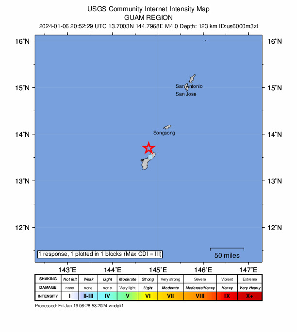 USGS DYFI community-reported intensity map for the M4.0 earthquake near 19 km NNW of Yigo Village, Guam