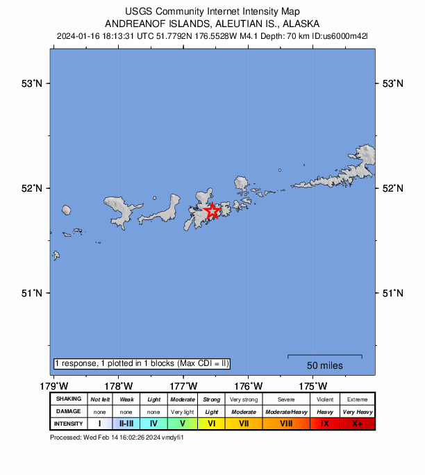 USGS DYFI community-reported intensity map for the M4.1 earthquake near 11 km SSE of Adak, Alaska