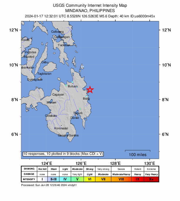USGS DYFI community-reported intensity map for the M5.6 earthquake near 29 km NE of Hinatuan, Philippines