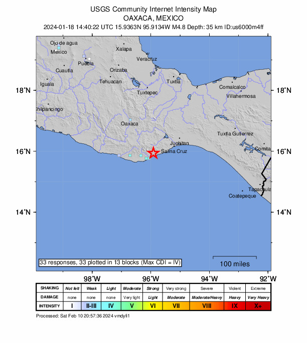 USGS DYFI community-reported intensity map for the M4.8 earthquake near 12 km W of El Coyul, Mexico