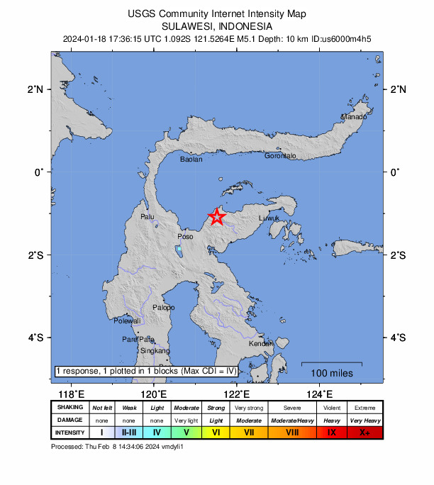USGS DYFI community-reported intensity map for the M4.9 earthquake near 91 km ENE of Poso, Indonesia