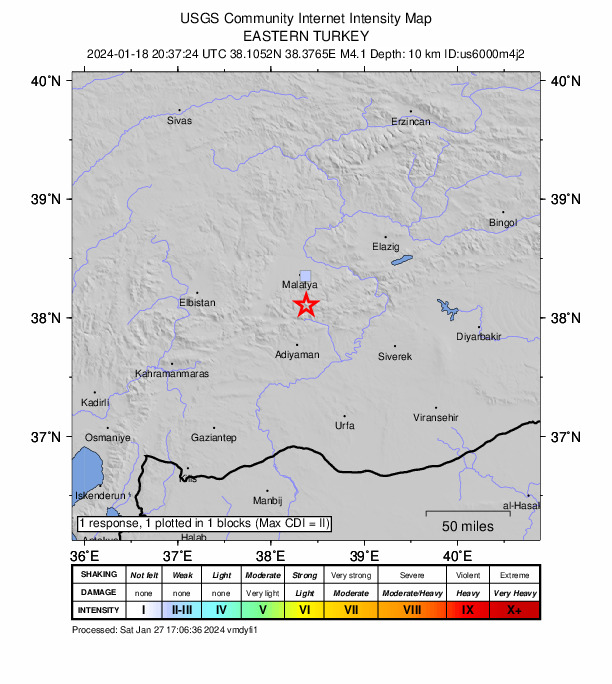 USGS DYFI community-reported intensity map for the M4.1 earthquake near 15 km NE of Çelikhan, Turkey