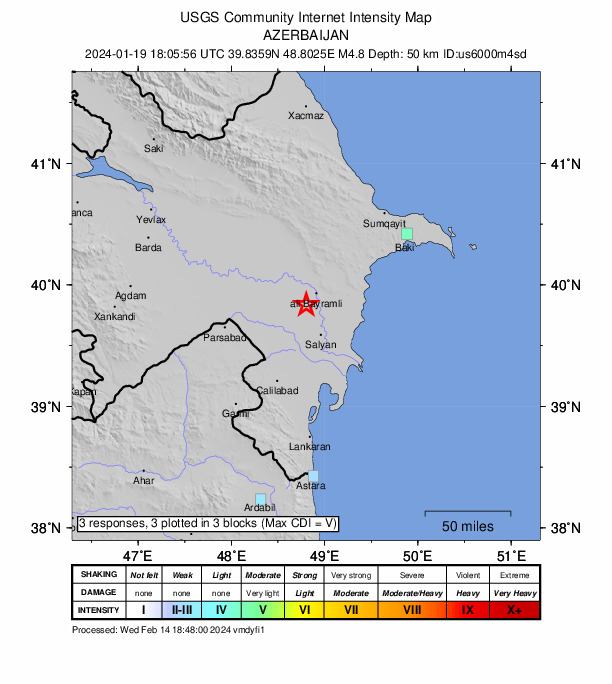 USGS DYFI community-reported intensity map for the M4.8 earthquake near 11 km W of Qaraçala, Azerbaijan