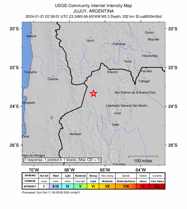 USGS DYFI community-reported intensity map for the M5.3 earthquake near 100 km W of El Aguilar, Argentina